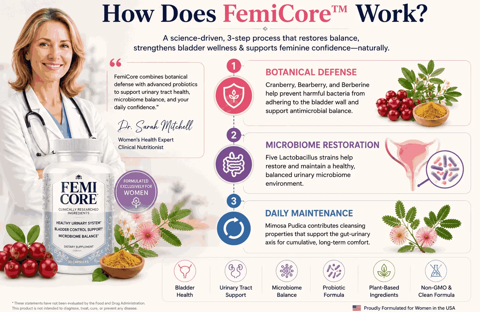How FemiCore works infographic banner featuring Dr. Sarah Mitchell. Explains the 3-step process of botanical defense, microbiome restoration, and daily maintenance for bladder wellness.