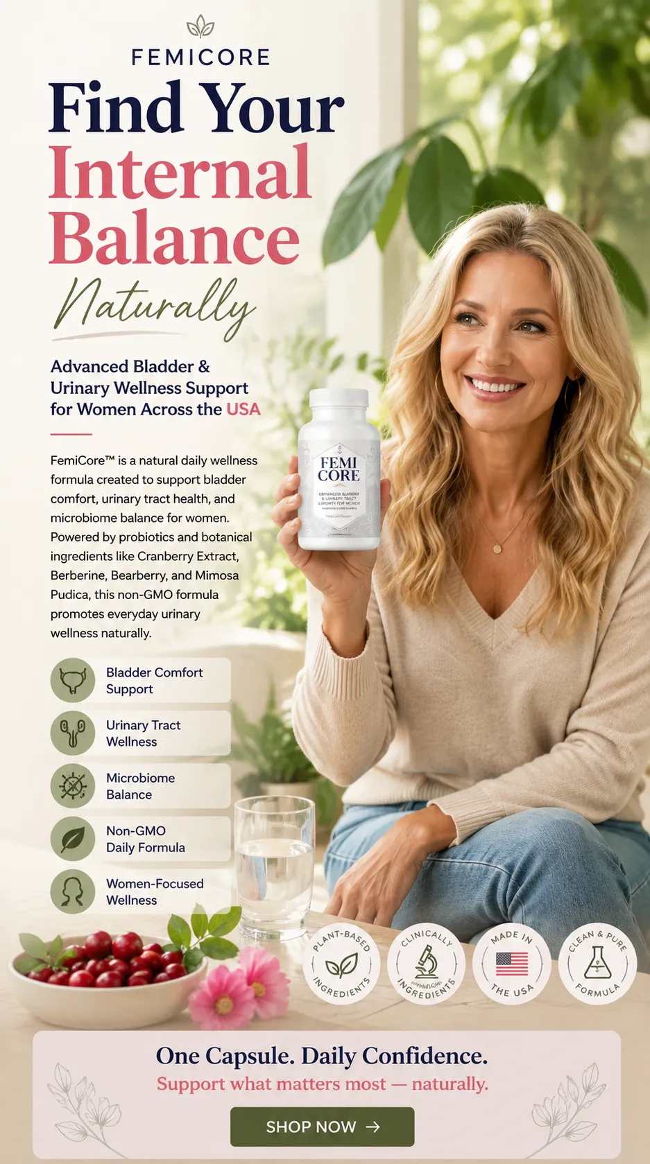 FemiCore bladder support supplement for women featuring natural urinary tract wellness, microbiome balance, cranberry and probiotic formula with confident mature woman in a bright wellness-inspired home setting.