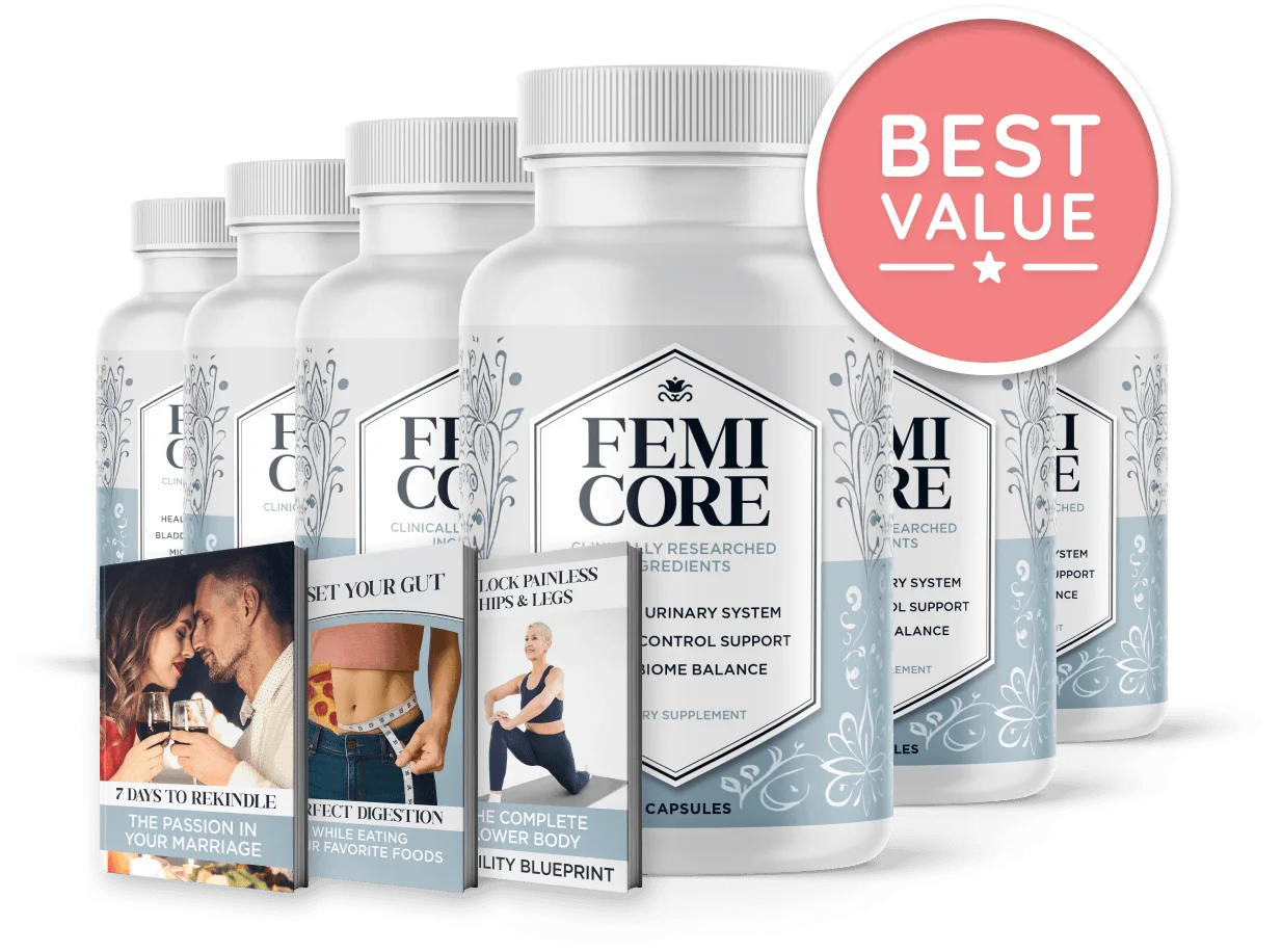 FemiCore bladder health supplement 6 bottle bundle with 3 free bonus eBooks. Best value pack for natural urinary wellness and microbiome balance.