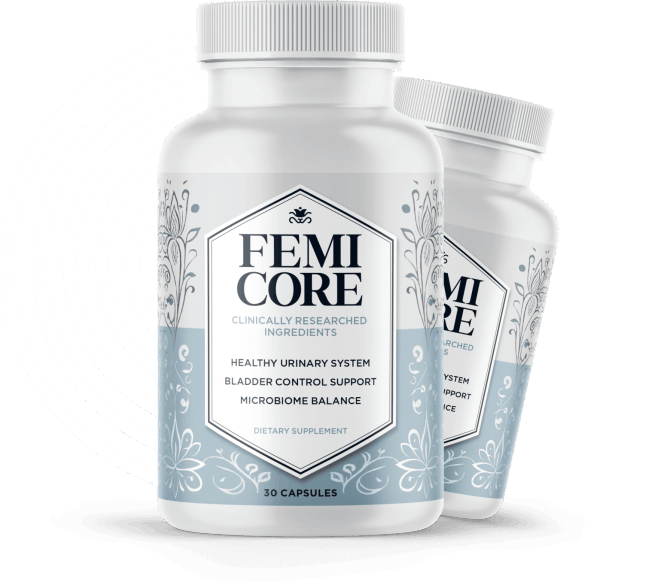 FemiCore bladder control support supplement bottle on a modern marble surface. Premium product display for natural urinary system health and microbiome balance.